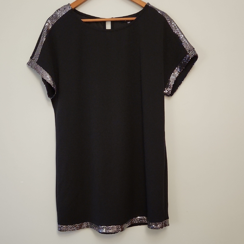 Sequin Trim Black Tunic Top – Sparkly Short Sleeve Blouse, Holiday Party Look